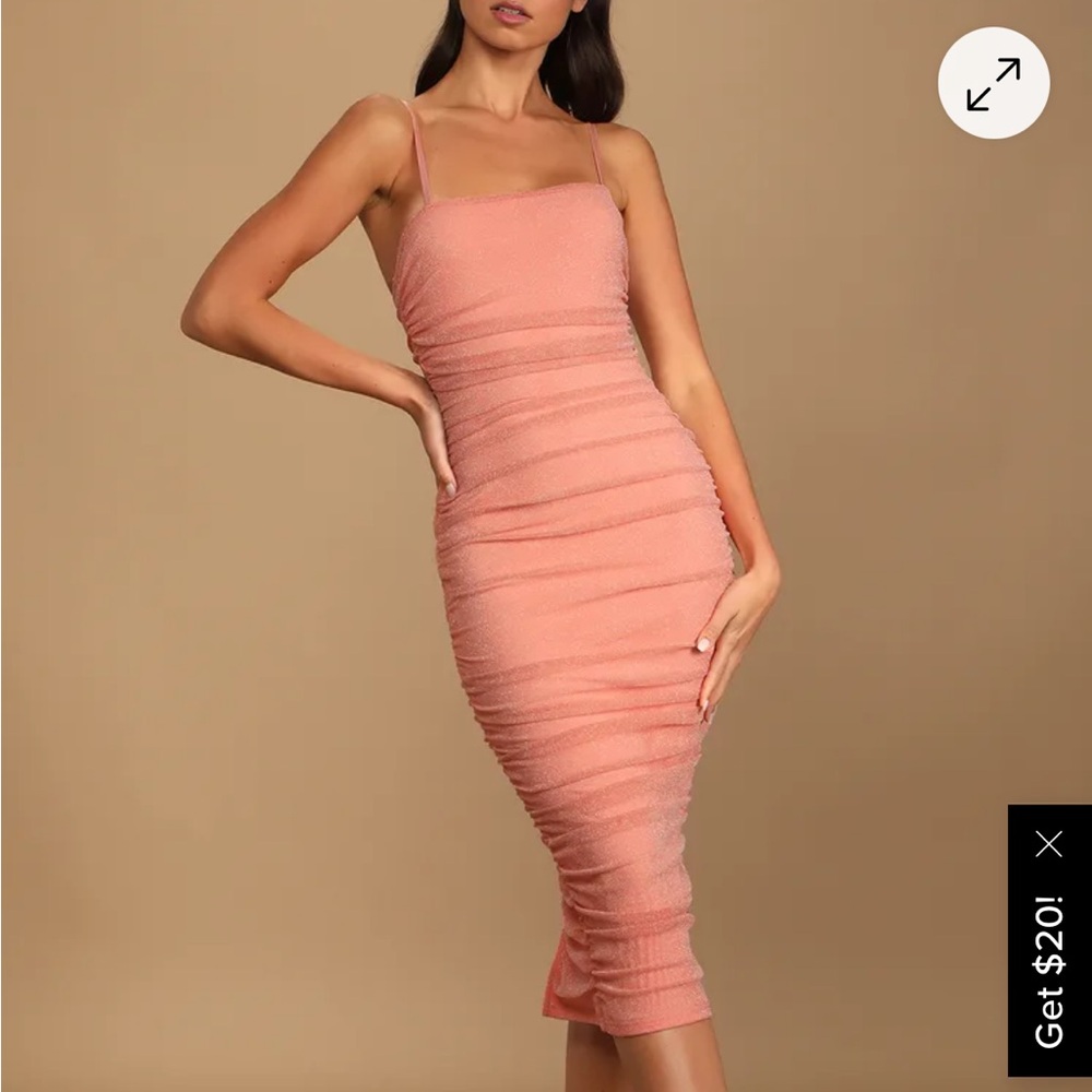 Lulu’s Here to Dazzle Coral Metallic Ruched Mesh Bodycon Midi Dress